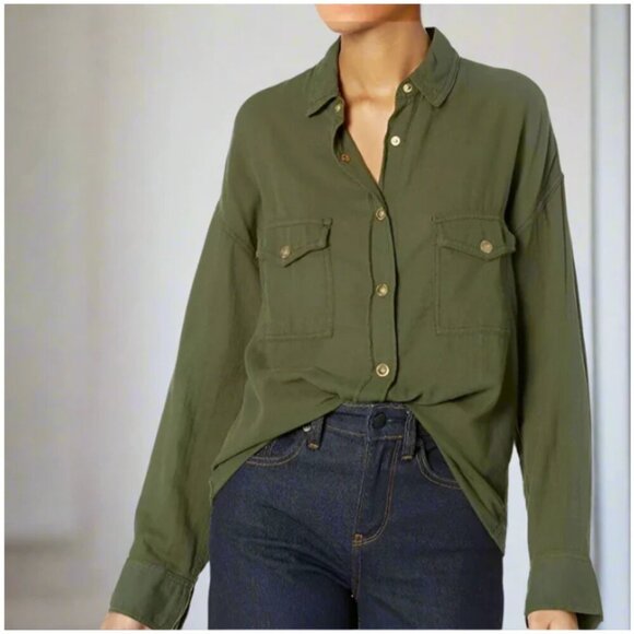 The Kooples Shirt Womens Small Green Long Sleeve Oversized Snap-Front Cotton Top - Picture 1 of 8